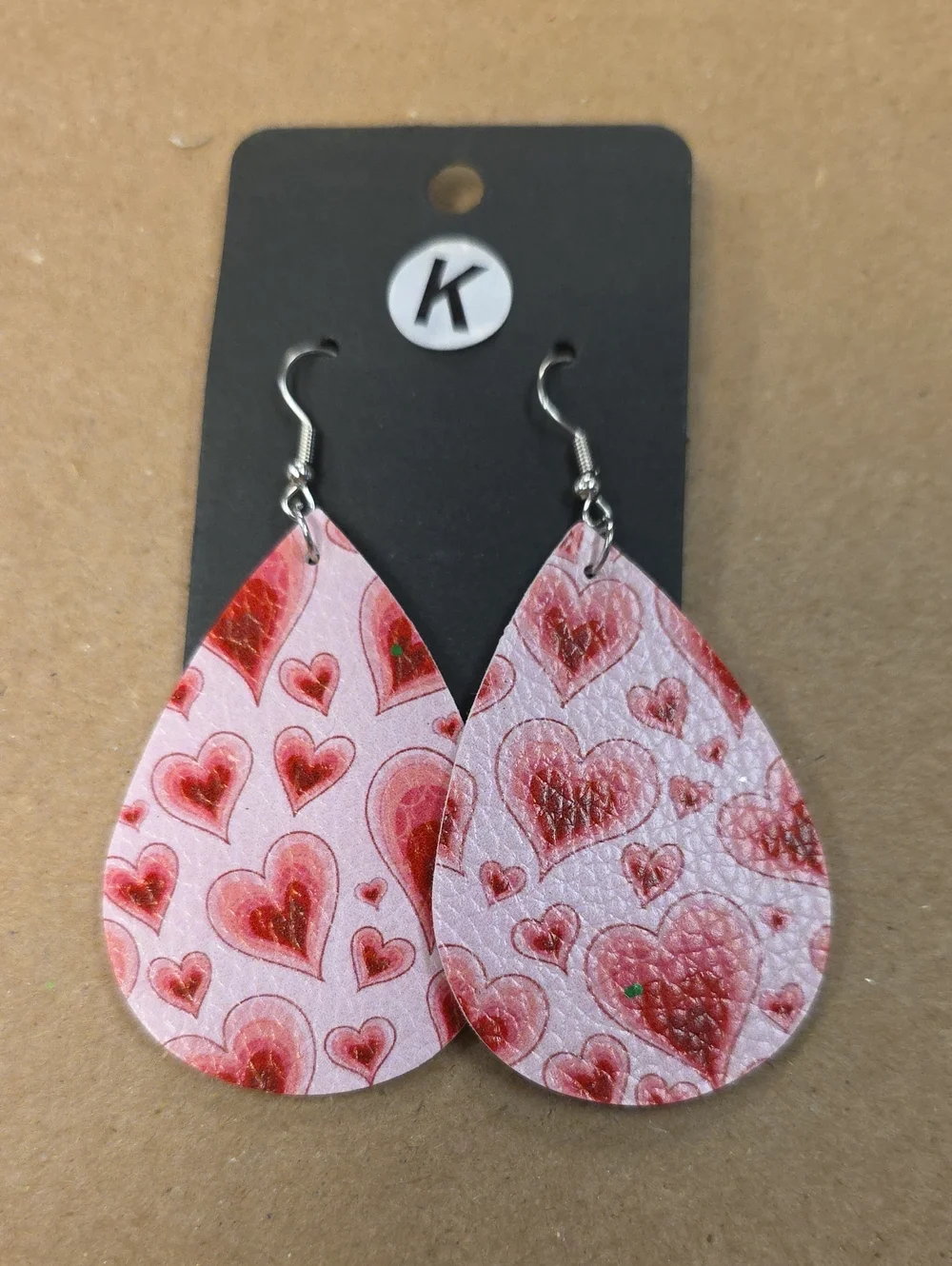 Heart Print Pink and Red Teardrop Earrings - Lightweight Fashion Hooks